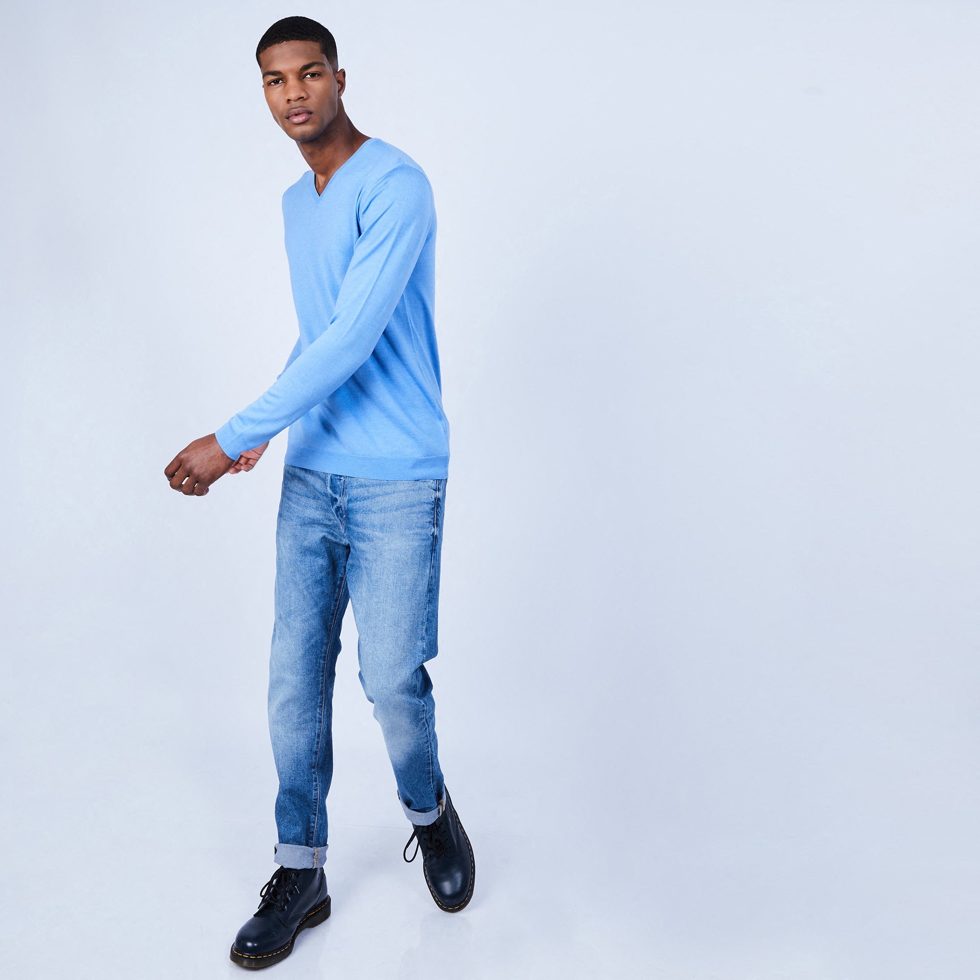 Pull col V en laine et soie - Lessie 6441 calypso - 06 Bleu moyen