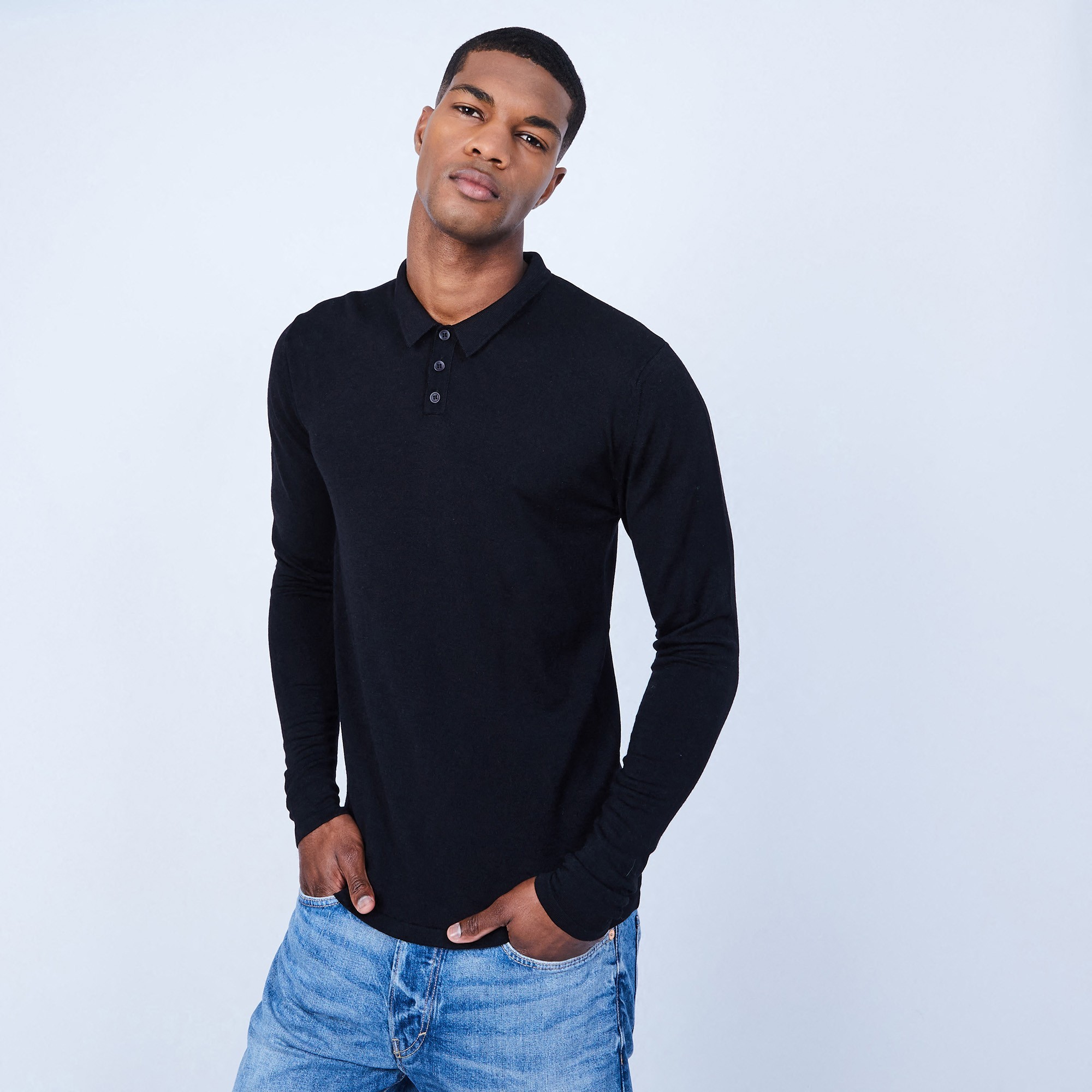 Pull col polo en laine et soie - Lume 6410 noir - 01 Noir