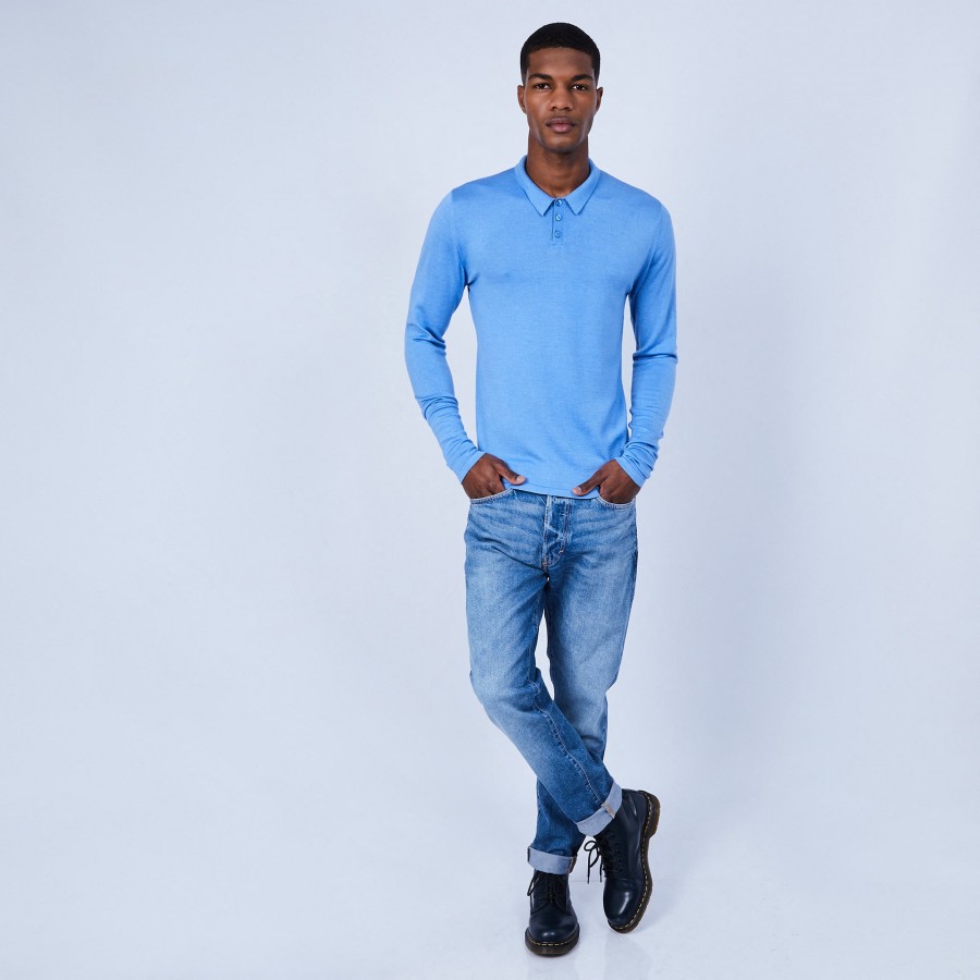 Pull col polo en laine et soie - Lume 6441 calypso - 06 Bleu moyen