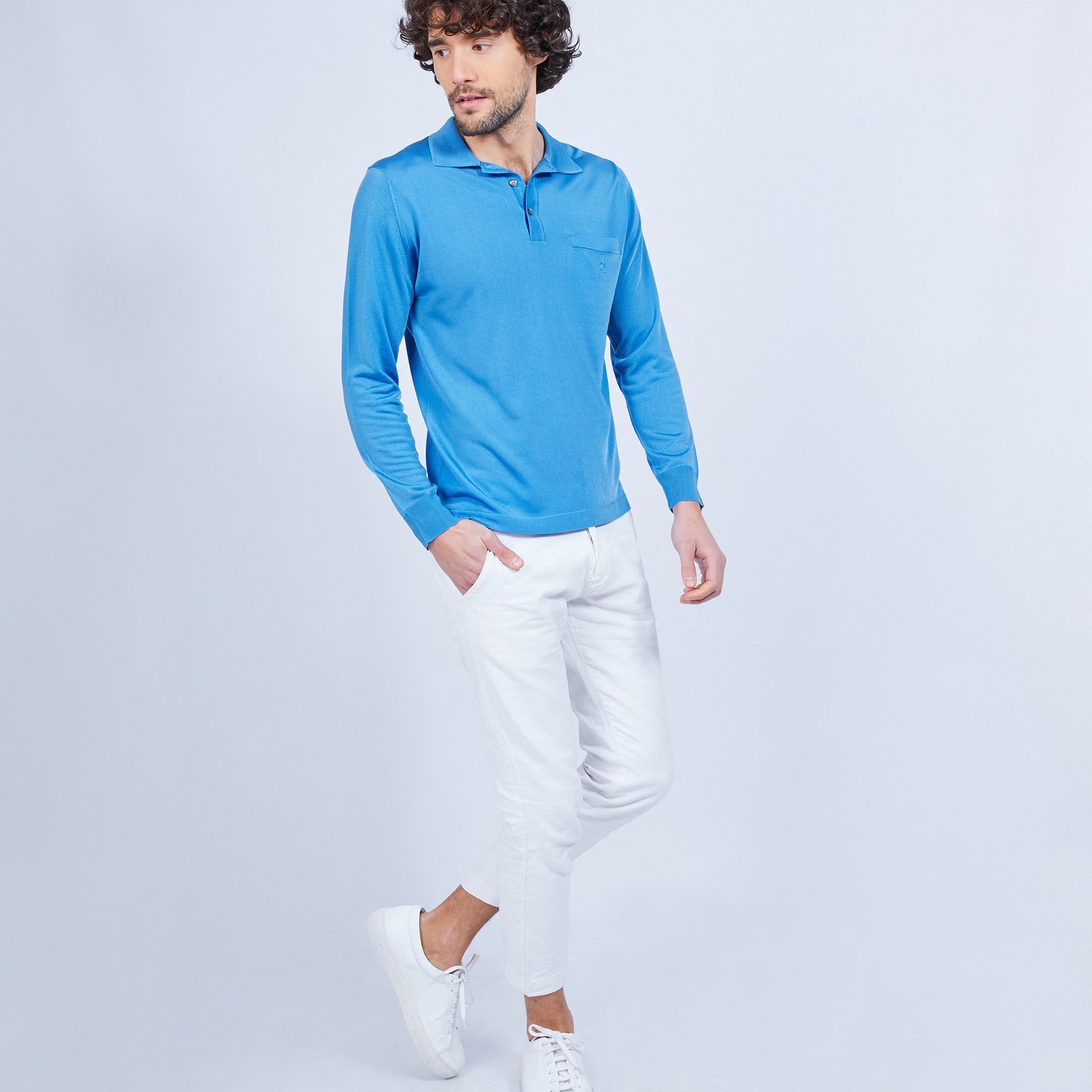 Polo manches longues homme en Fil Lumière Boris 8452 denim - 48 Bleu roi