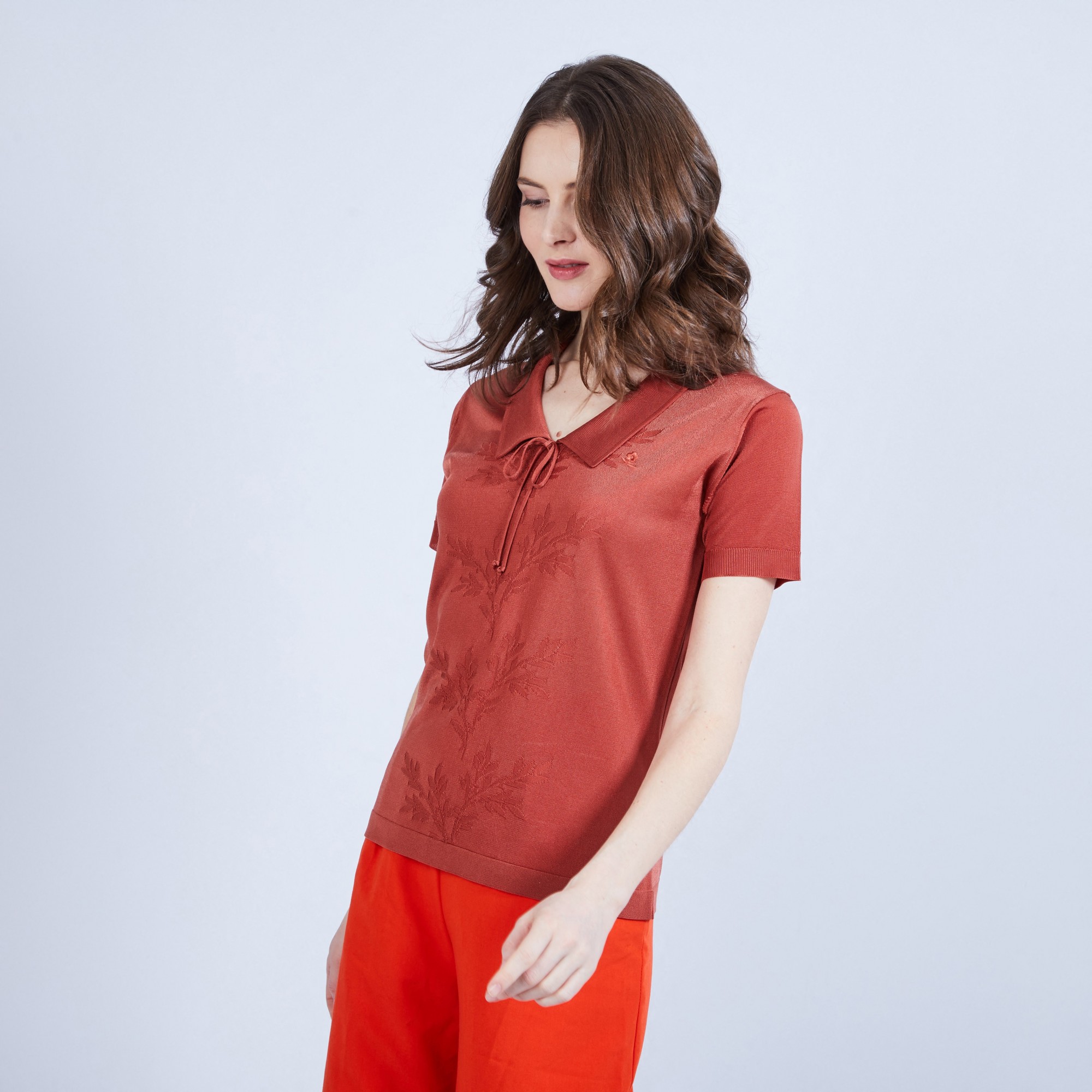 Polo col avec noeud en Fil Lumière - Mariline 9115 terra - 20 rouge foncé