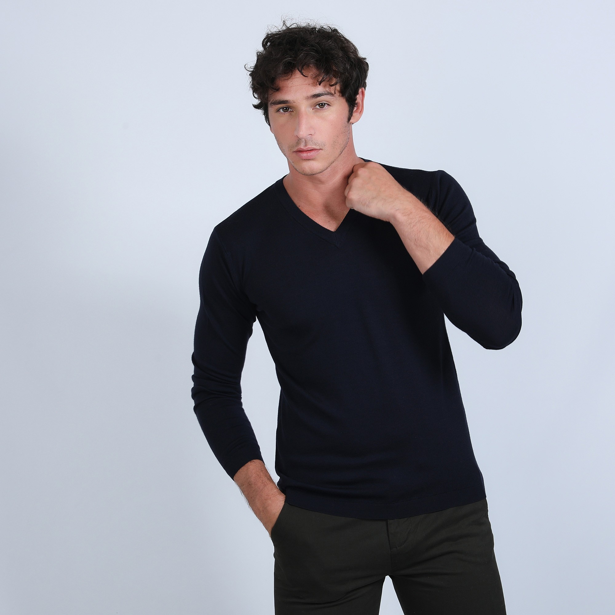 Pull col V en laine mérinos - Badyss 6640 marine - 05 bleu marine
