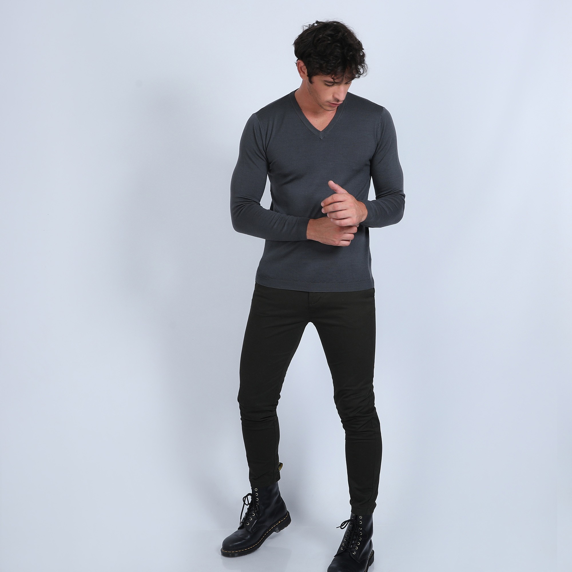 Pull col V en laine mérinos - Badyss 6611 gris anthracite - 10 gris foncé