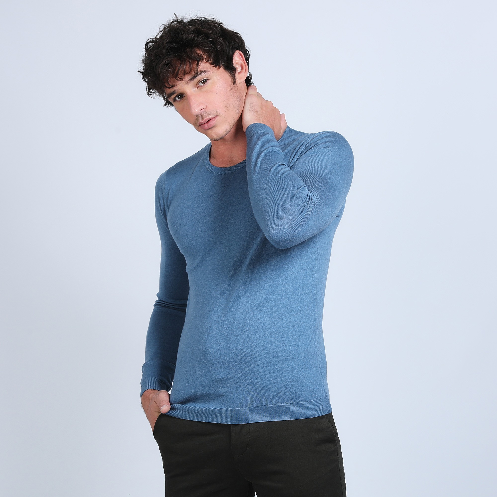 Pull col rond en laine mérinos - Bardem 6641 crique - 06 bleu moyen