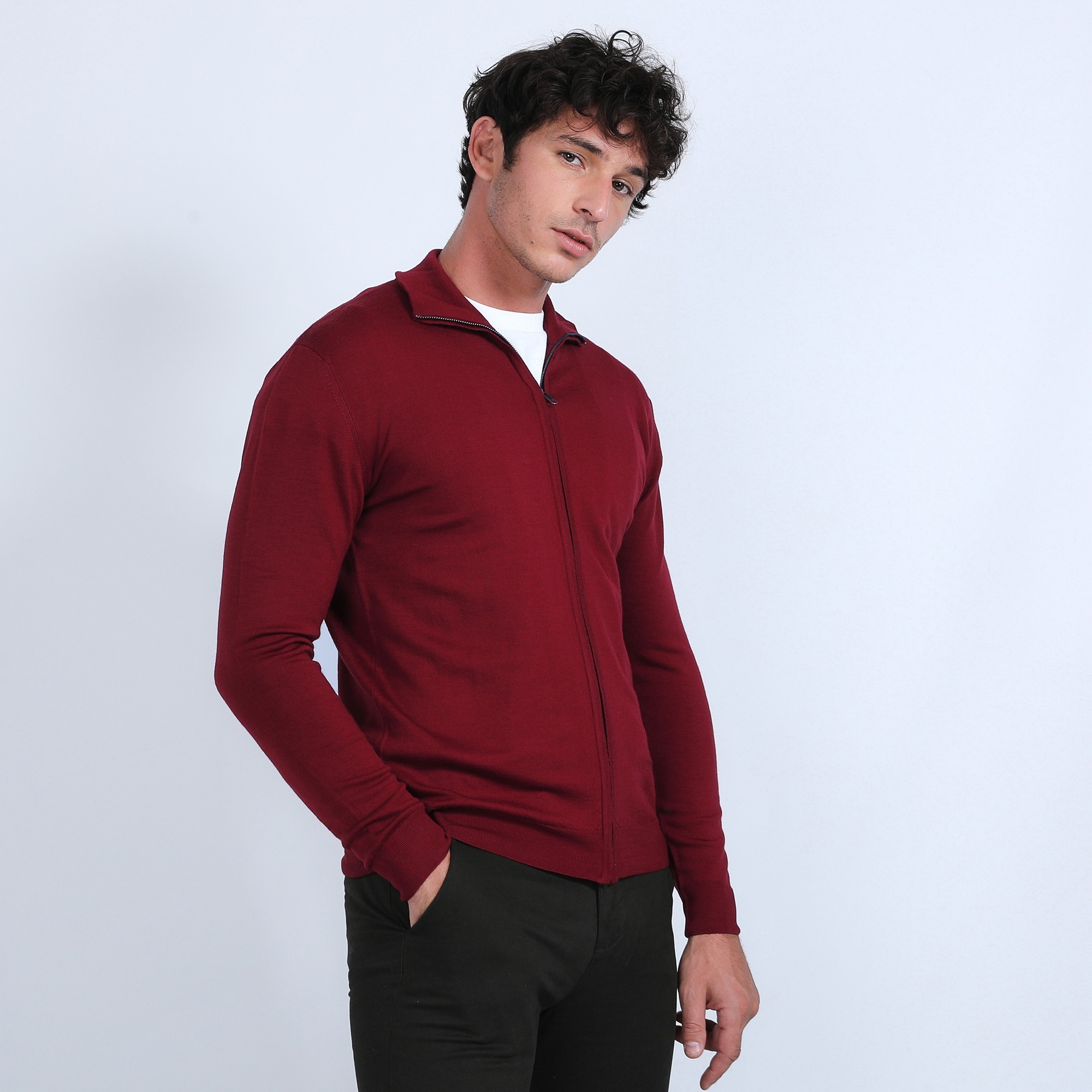 Gilet zippé en laine mérinos - Bastian 6681 ROUGE - 51 Bordeaux