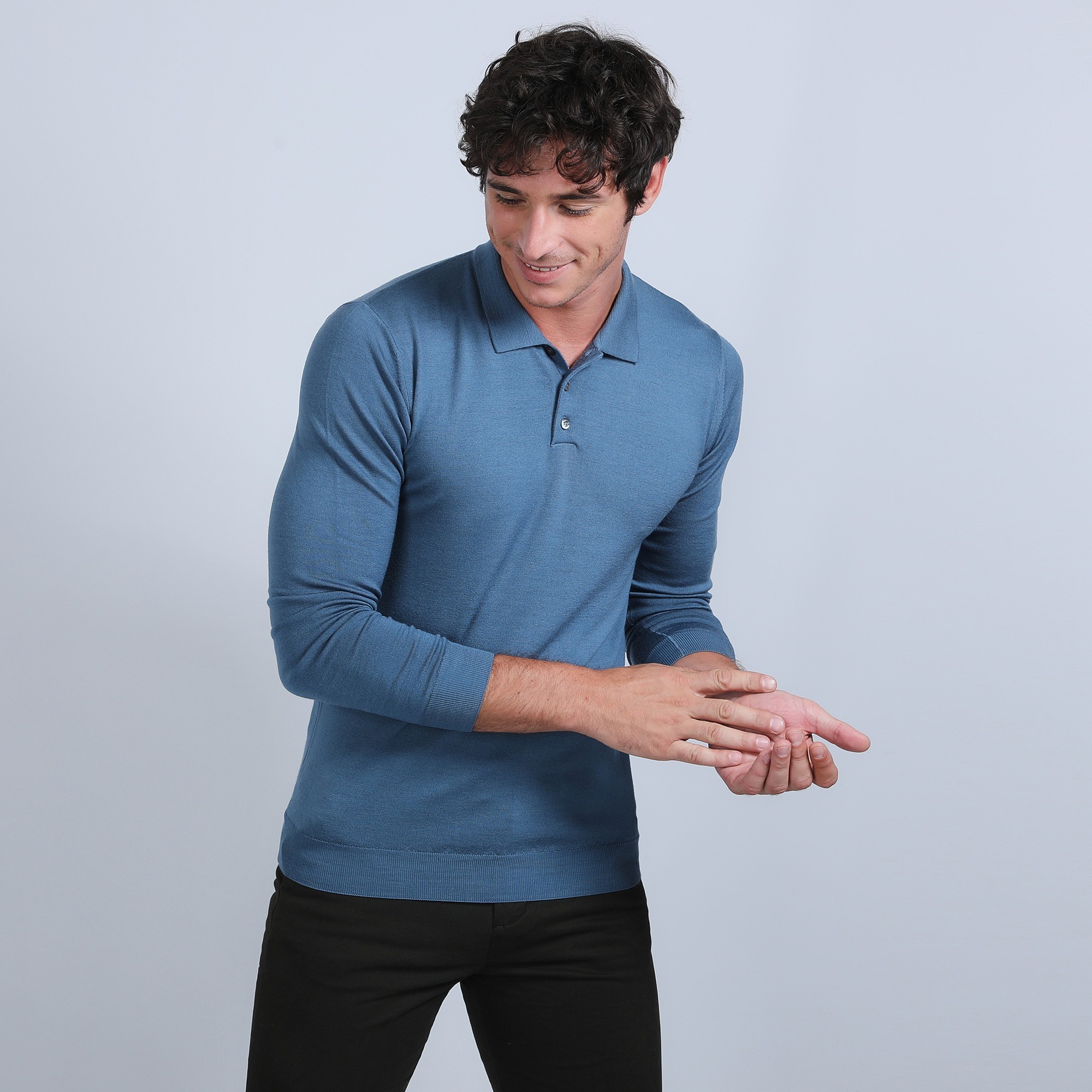 Pull col polo en laine mérinos - Beni 6641 crique - 06 bleu moyen