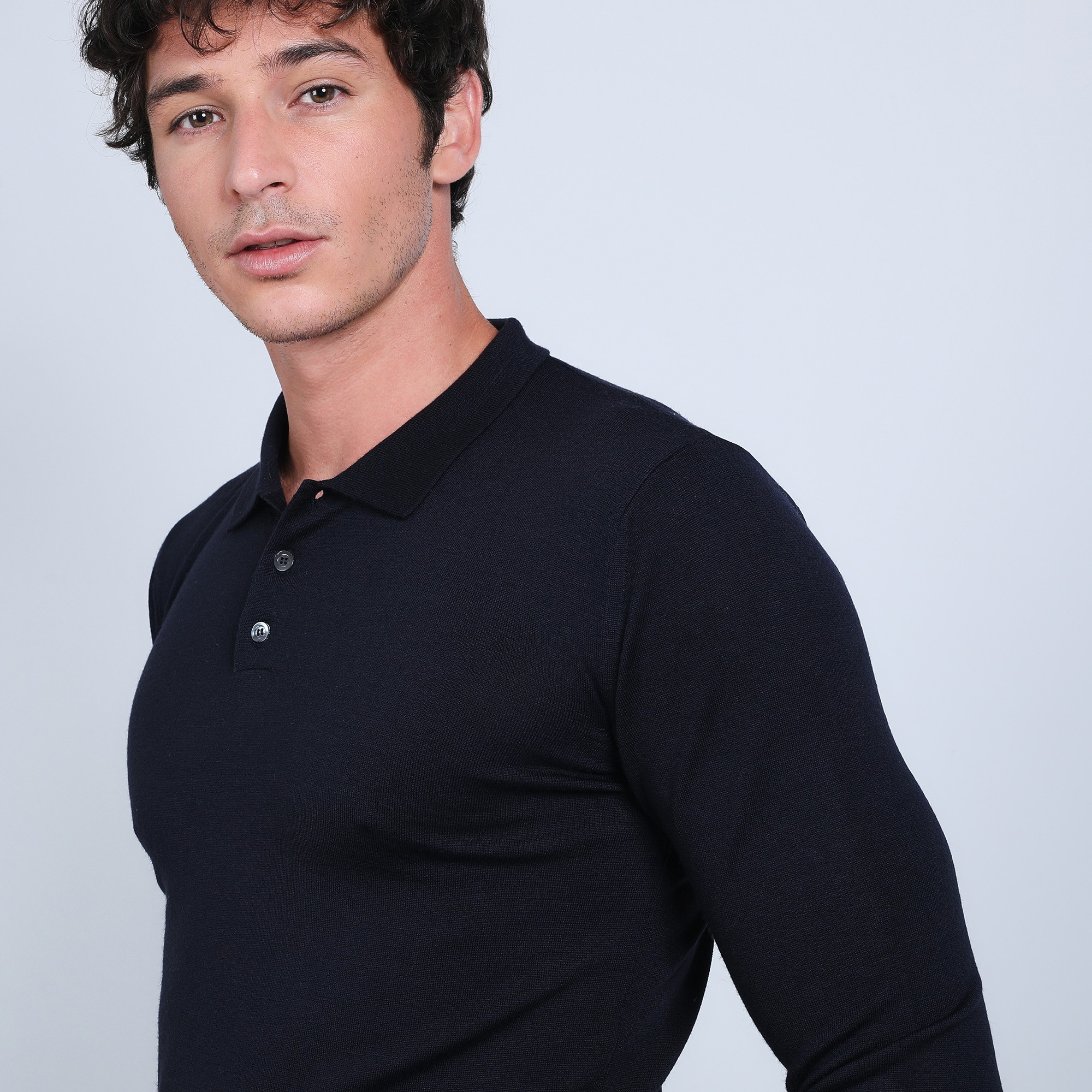 Pull col polo en laine mérinos - Beni 6640 marine - 05 bleu marine
