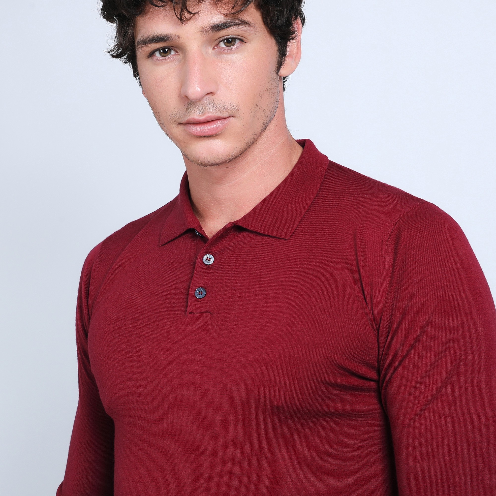 Pull col polo en laine mérinos - Beni 6681 rouge - 51 bordeaux