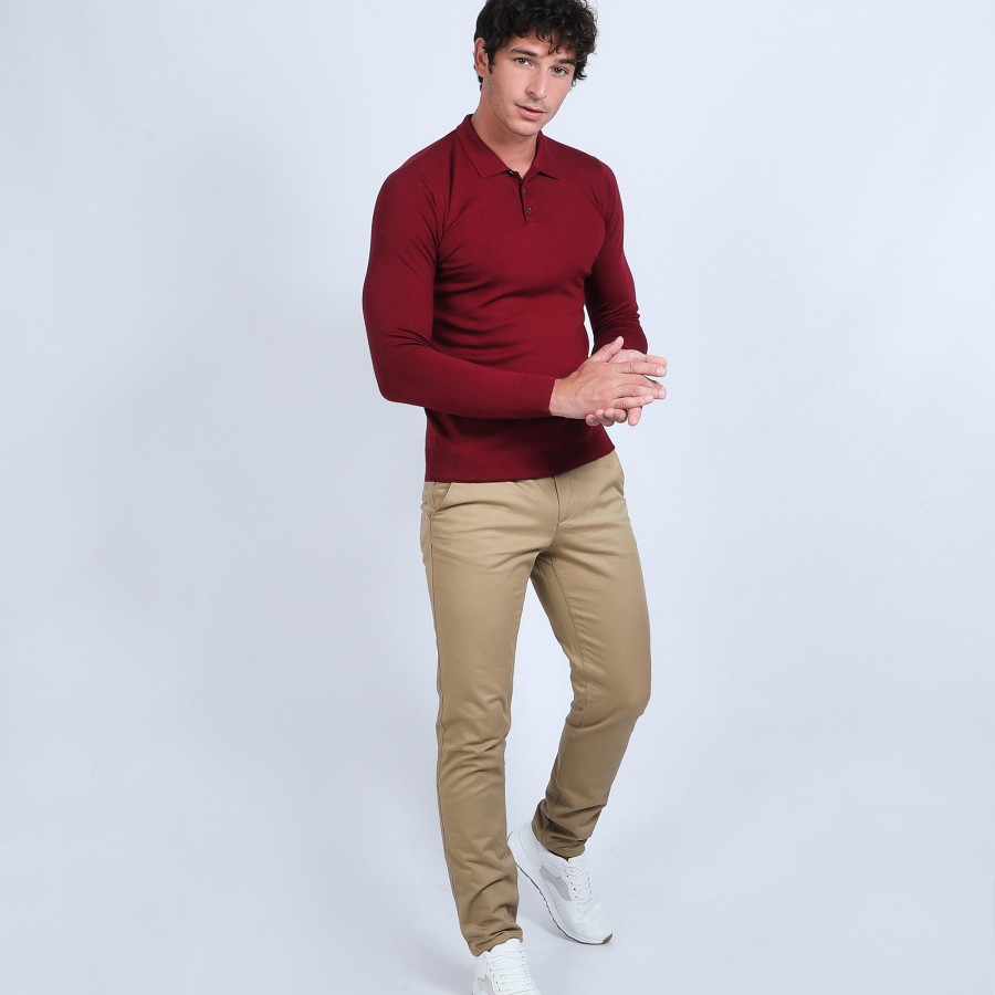 Pull col polo en laine mérinos - Beni 6681 rouge - 51 bordeaux