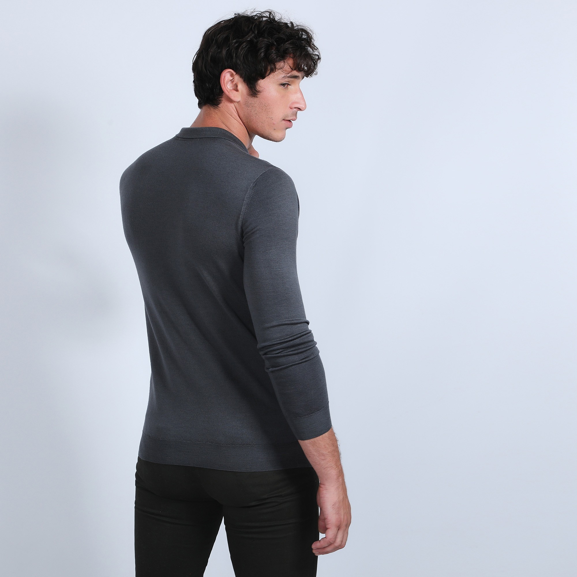 Pull col polo en laine mérinos - Beni 6611 gris anthracite - 10 gris foncé