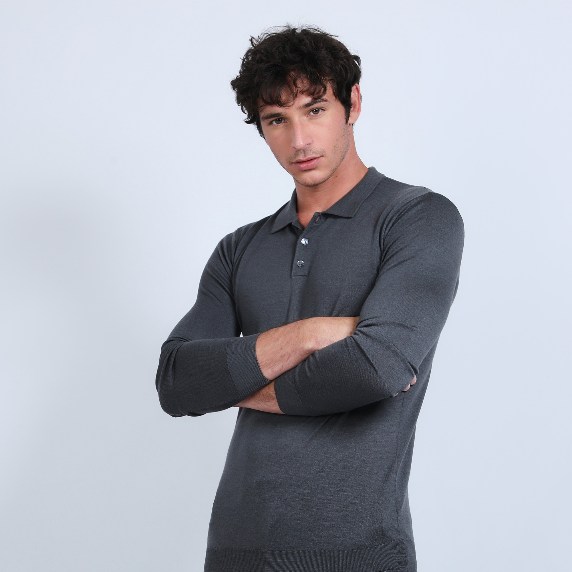 Pull col polo en laine mérinos - Beni 6611 gris anthracite - 10 gris foncé