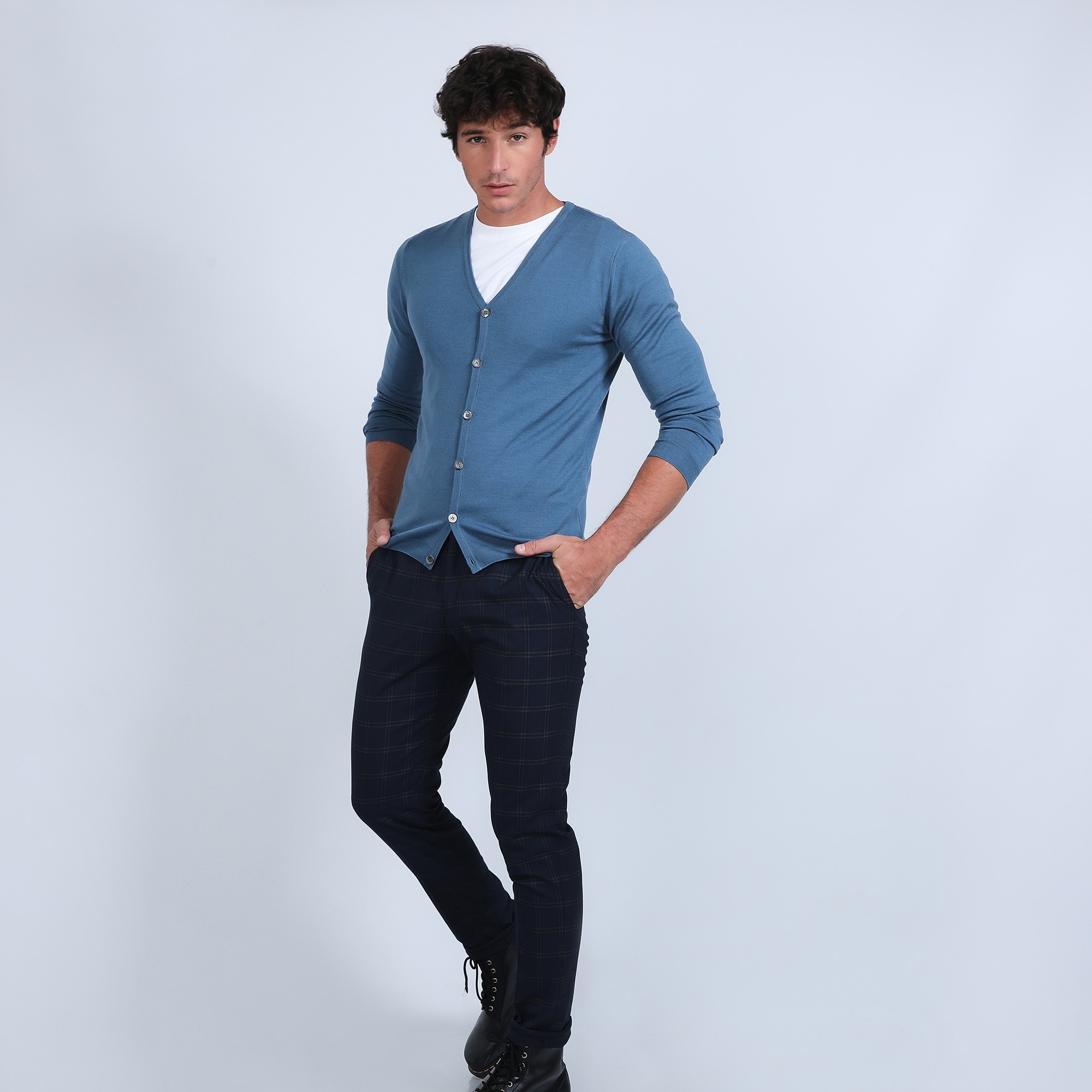 Gilet boutonné en laine mérinos - Brad 6641 crique - 06 bleu moyen