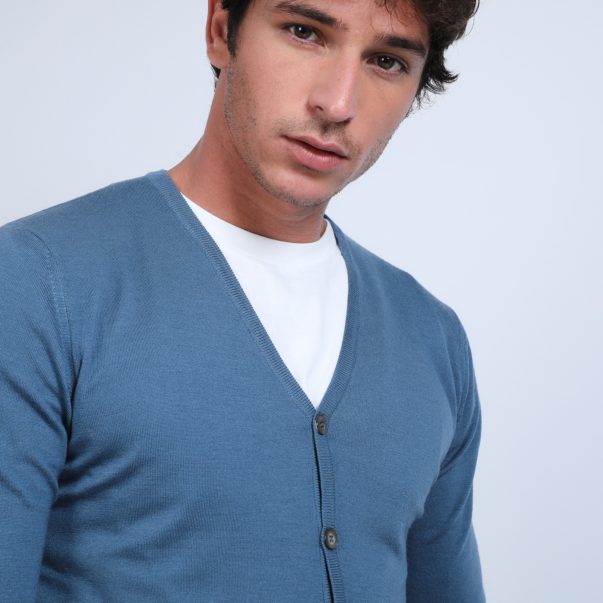 Gilet boutonné en laine mérinos - Brad 6641 crique - 06 bleu moyen