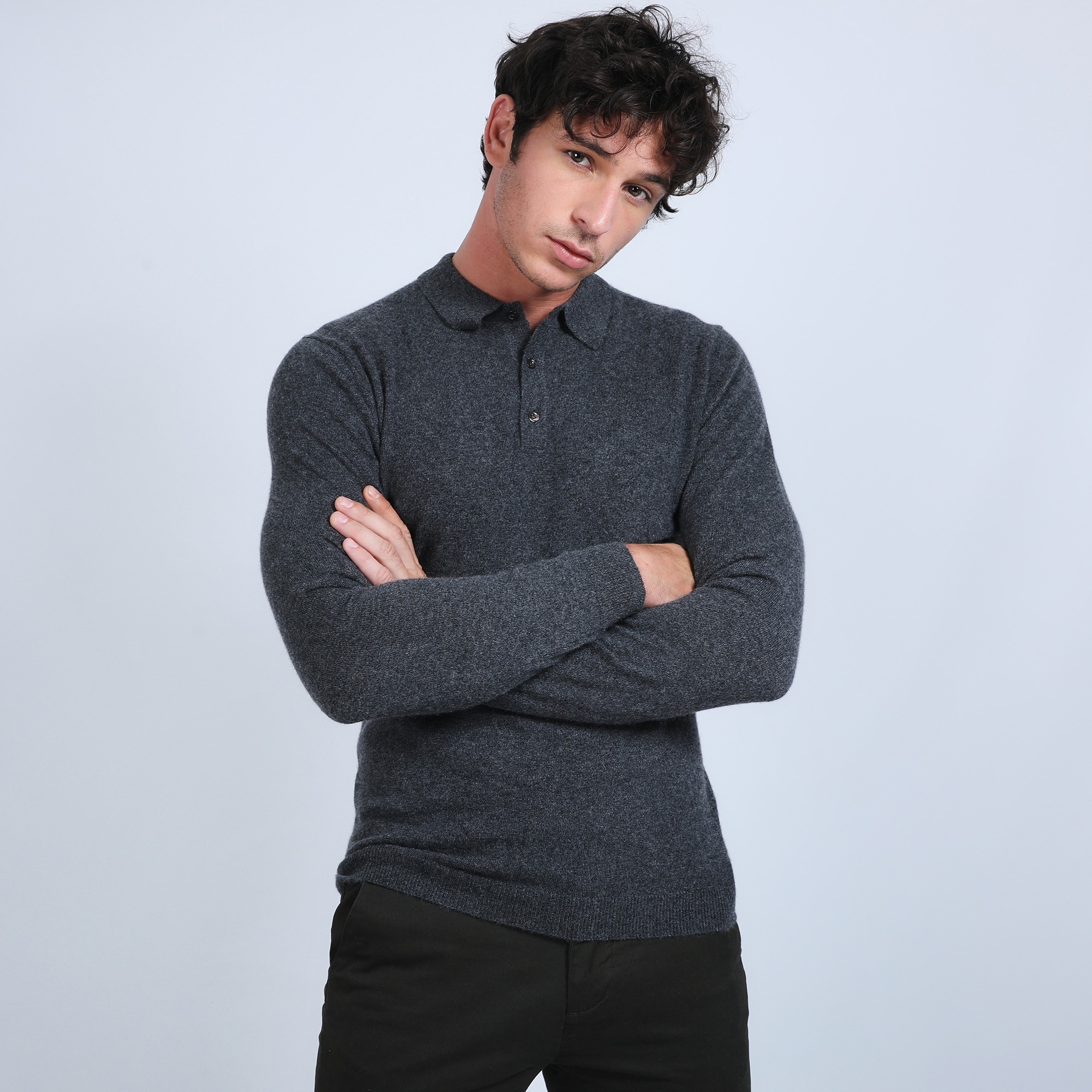 Pull col polo en cachemire - Billy 6611 gris anthracite - 10 gris foncé