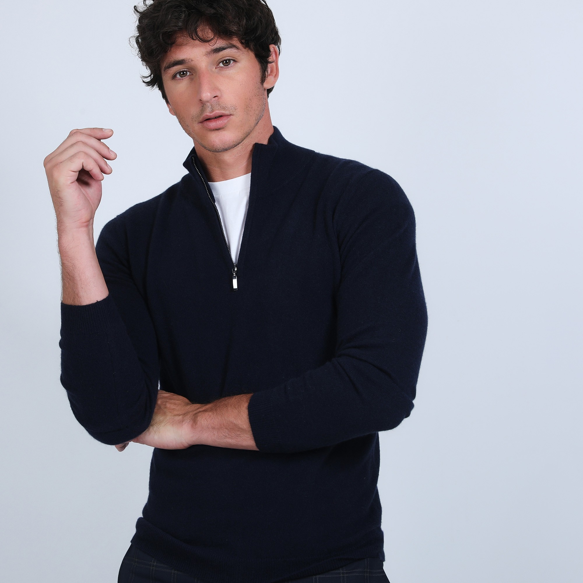 Pull col zippé en cachemire 2 fils - Blaise 6640 marine - 05 bleu marine
