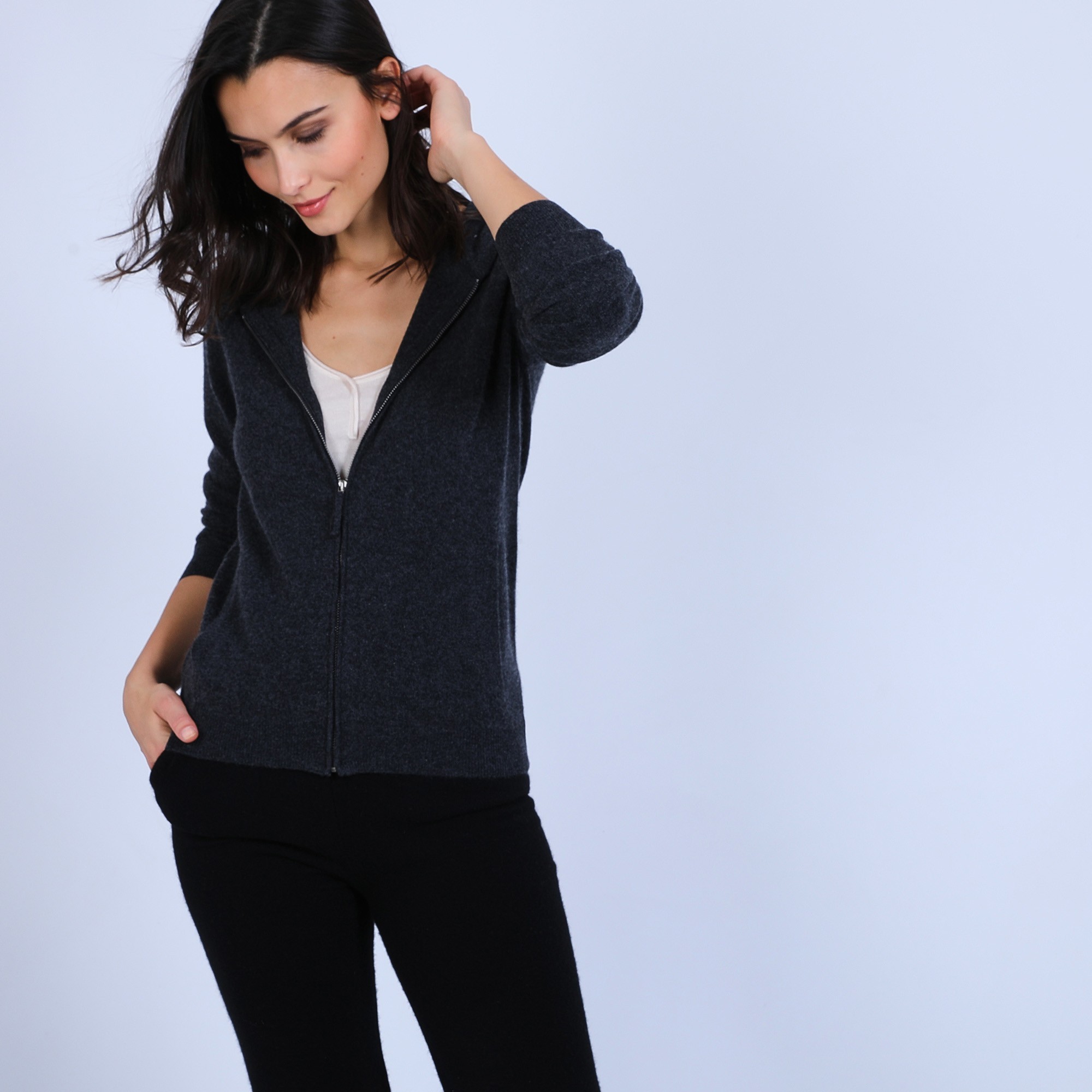 Gilet à capuche en cachemire - Orus 6611 gris anthracite - 10 Gris foncé
