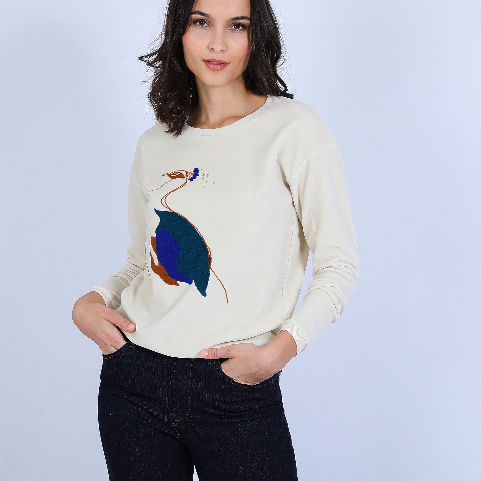 Pull en velours avec paon - Pavel 6756 greige multico - 13 Beige moyen