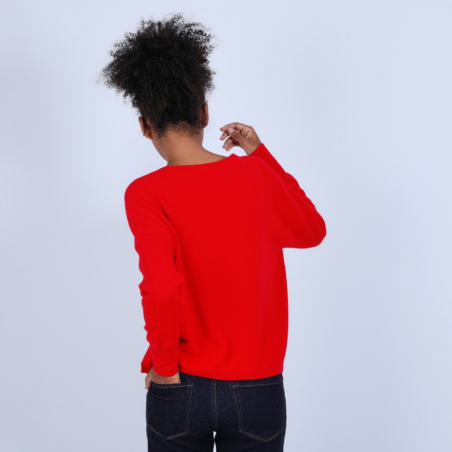 Suéter curto de cashmere com decote em V e bolsos - Balba