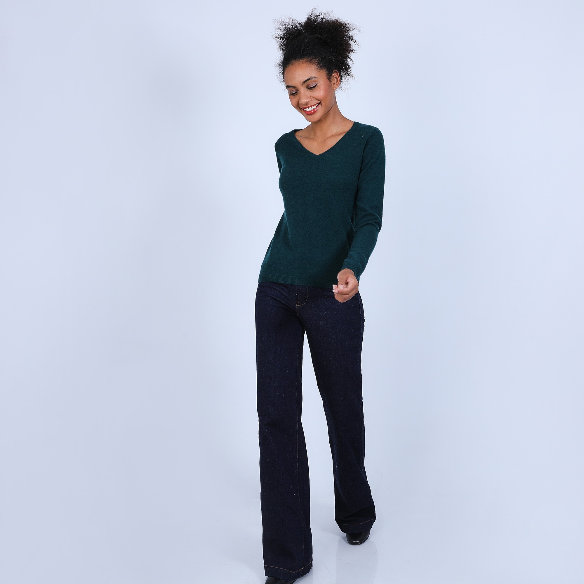 Pull col V en cachemire - Bijou 6642 emeraude - 21 Vert foncé