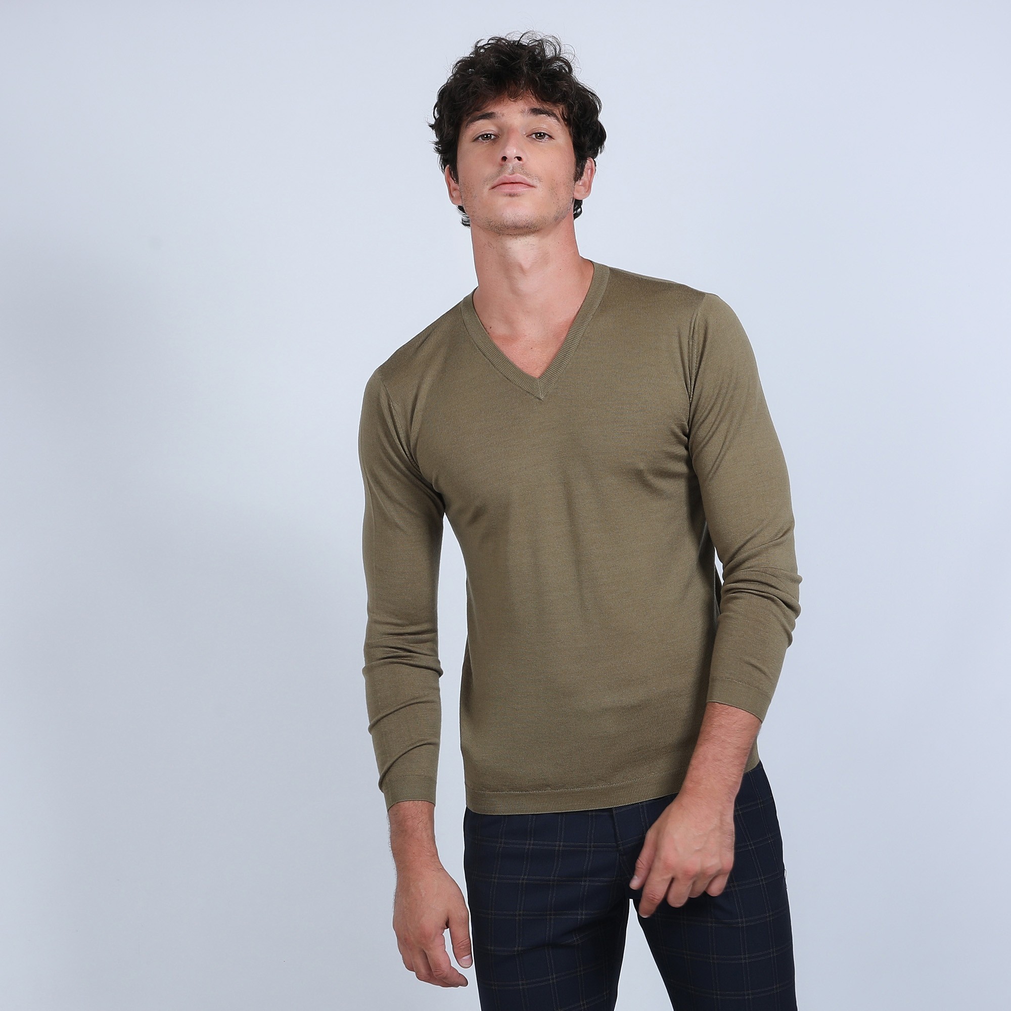 Pull col V en laine mérinos - Badyss 6650 kaki -83 kaki