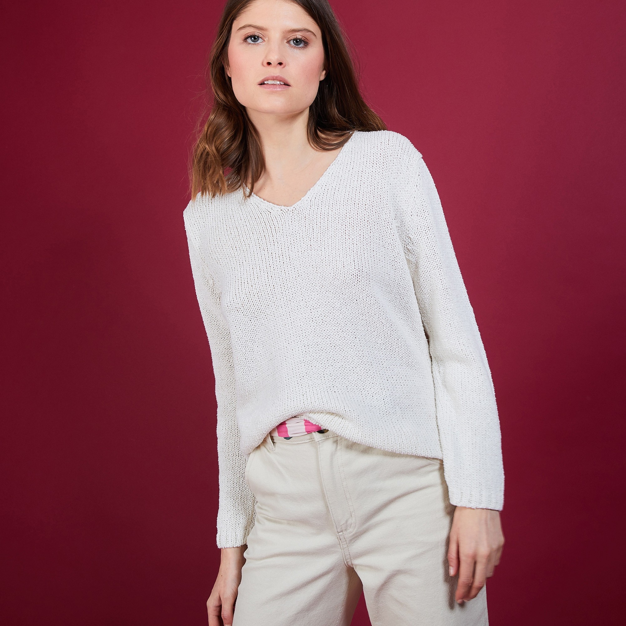 BLOVIS - PULL COL V  SOIE LAINE ET COTON