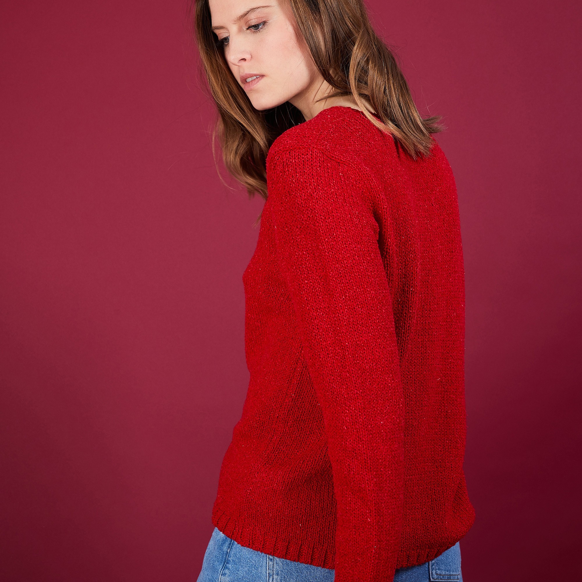 Pull col V en soie coton et laine - Blovis 6880 pavot - 52 Rouge
