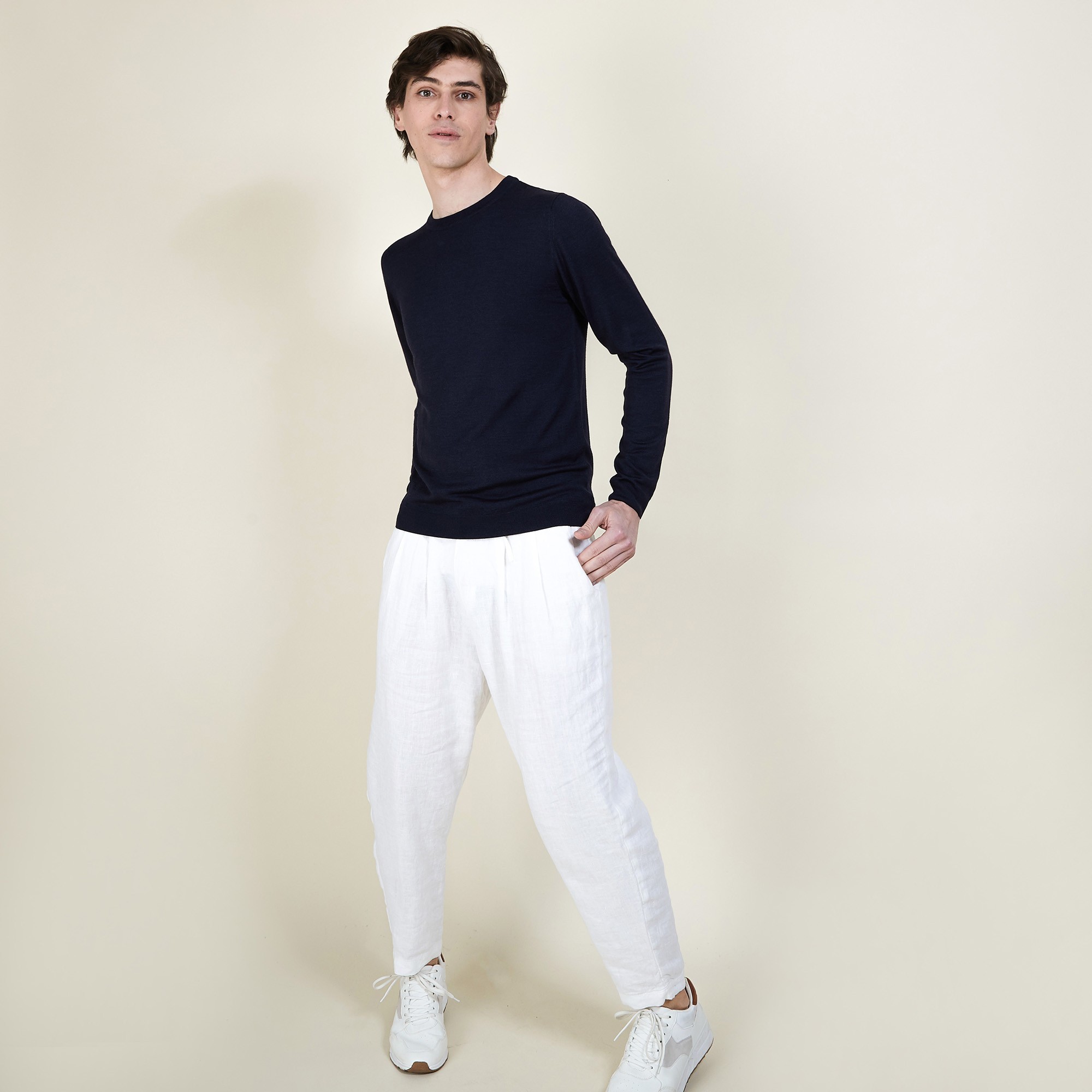 Pull col rond en laine et soie - Barsam 6840 marine - 05 Bleu marine