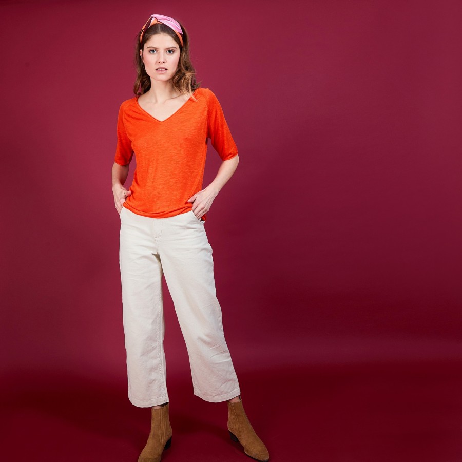 T-shirt en lin flammé manches coudes - Bonbon