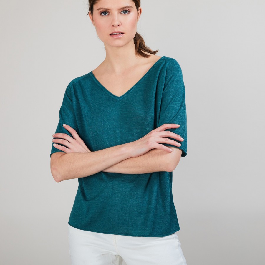 T-shirt en lin flammé manches coudes - Bonbon