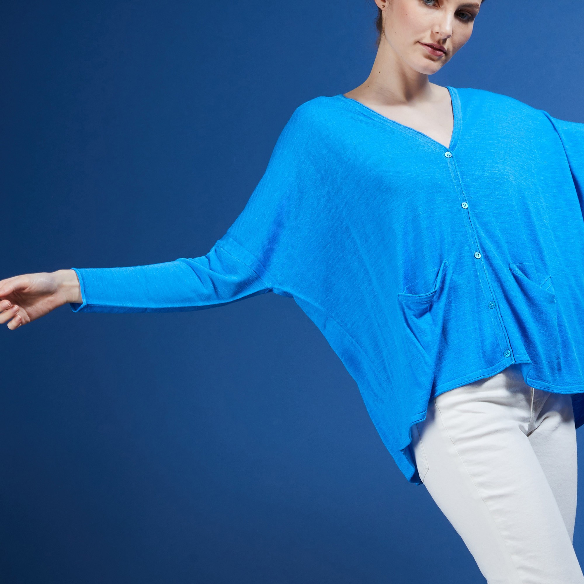 Long gilet en lin - Ballon 6843 AZUR 06 BLEU MOYEN