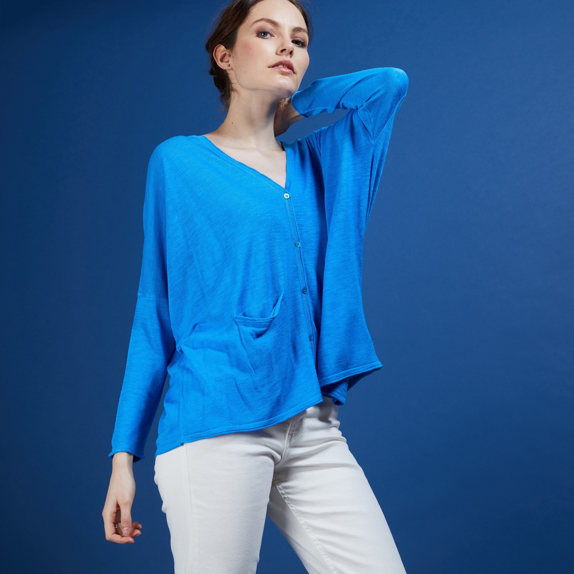 Long gilet en lin - Ballon 6843 AZUR 06 BLEU MOYEN