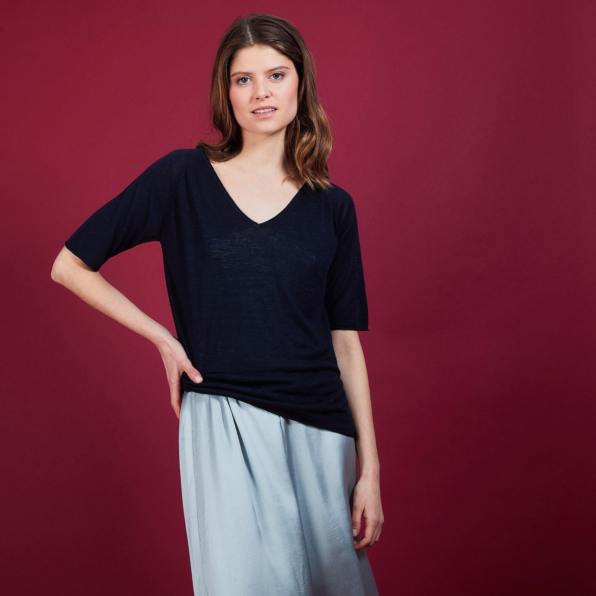 T-shirt en lin manches coudes - Bonbon 6840 marine - 05 Bleu marine