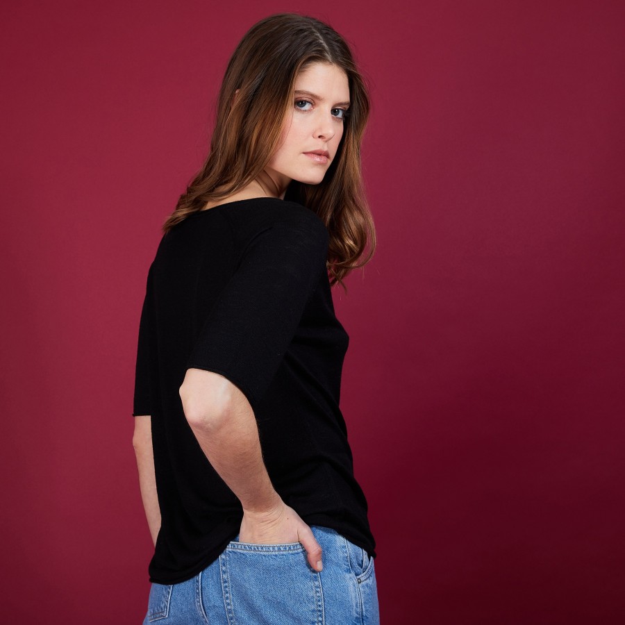 T-shirt en lin flammé manches coudes - Bonbon