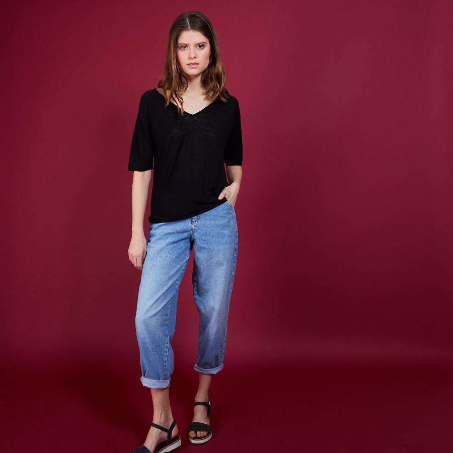 T-shirt en lin flammé manches coudes - Bonbon