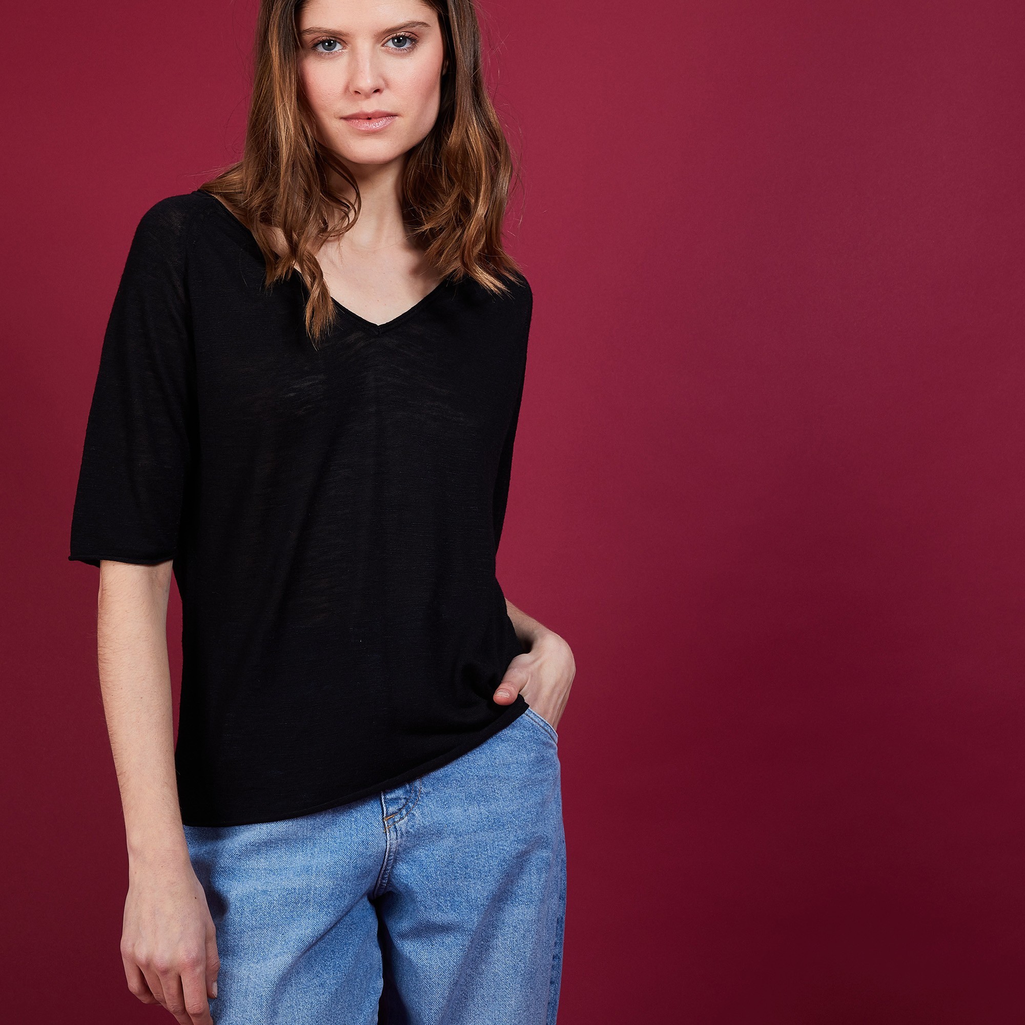 T-shirt en lin manches coudes - Bonbon 6810 noir - 01 Noir