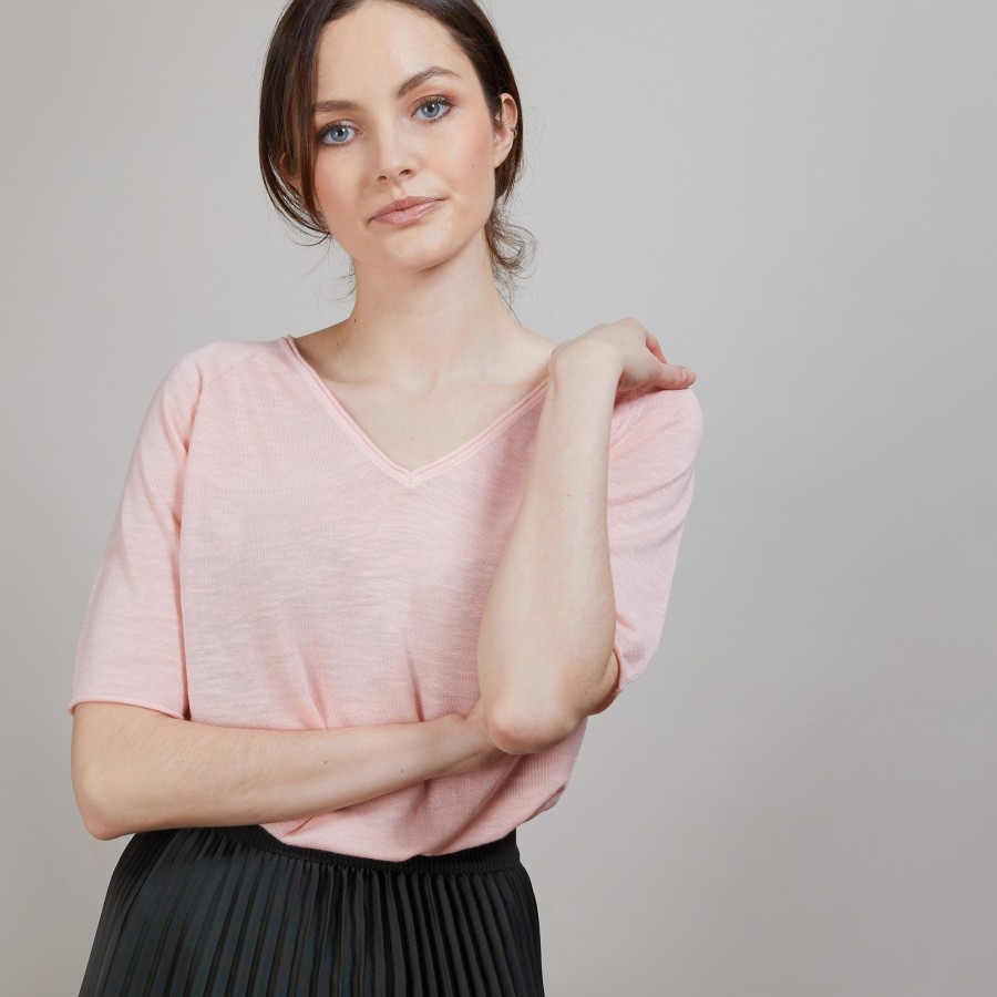 T-shirt en lin flammé manches coudes - Bonbon