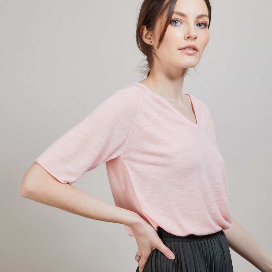 T-shirt en lin flammé manches coudes - Bonbon