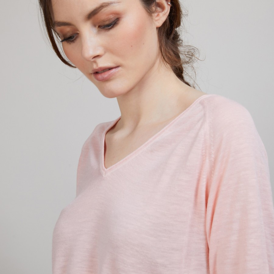 T-shirt en lin flammé manches coudes - Bonbon