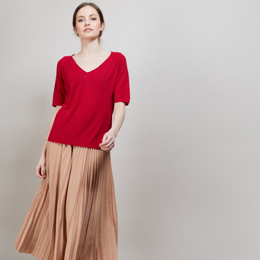 T-shirt en lin flammé manches coudes - Bonbon