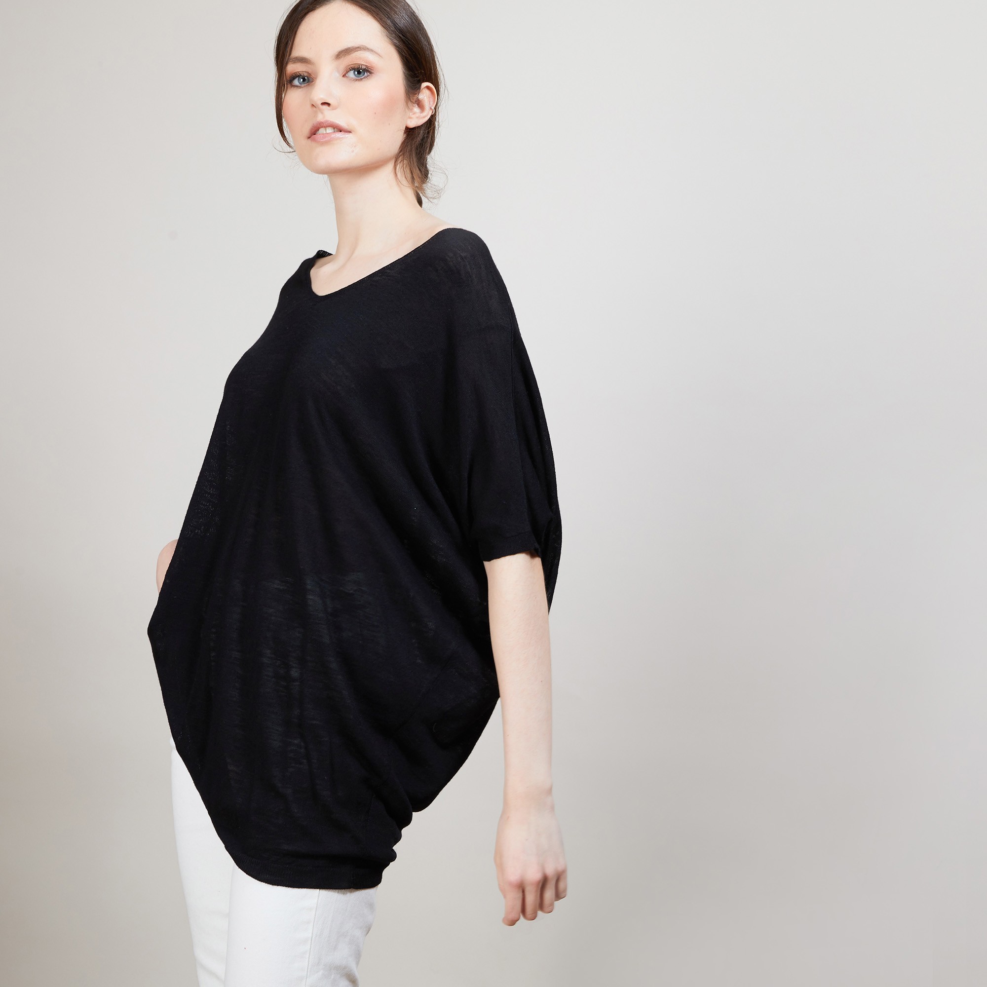 T-shirt long en lin flammé - Bil 6810 noir - 01 Noir
