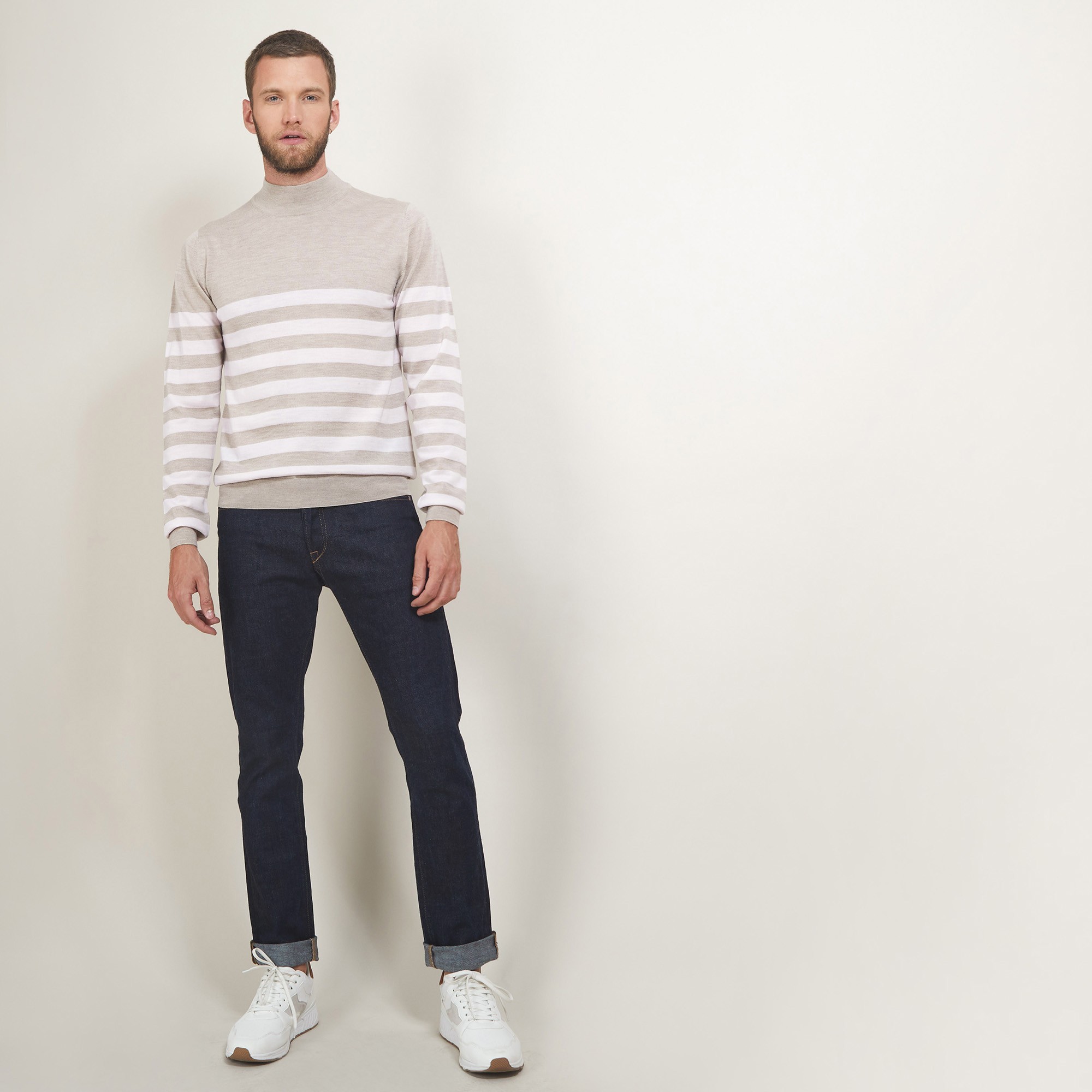 Pull rayé col montant en laine - Lazar 7107 dune/opale - 13 Beige moyen