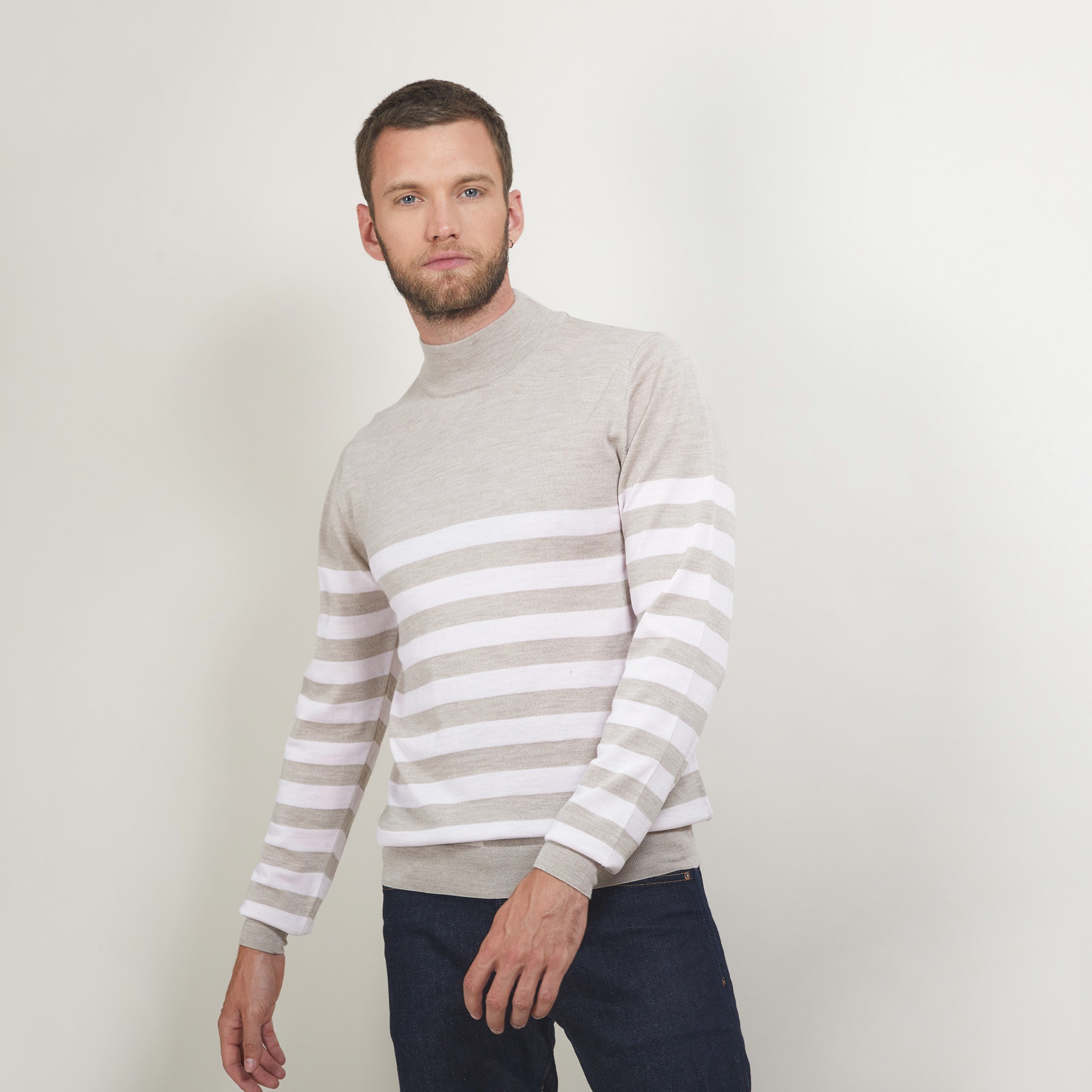 Pull rayé col montant en laine - Lazar 7107 dune/opale - 13 Beige moyen