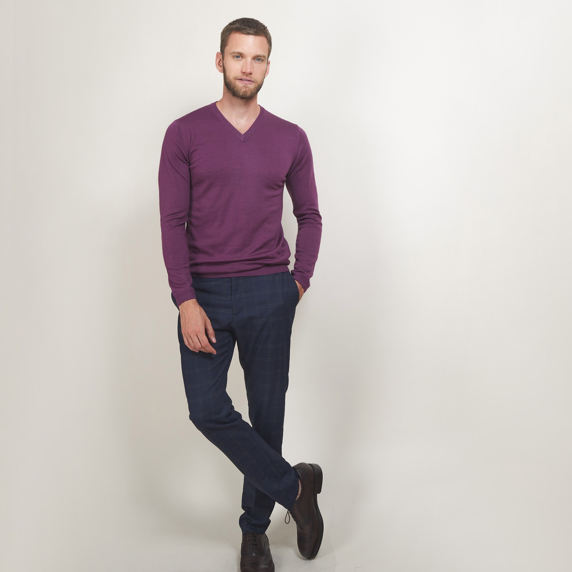 Pull col V en laine - Badyss 7085 damas - 18 Violet foncé