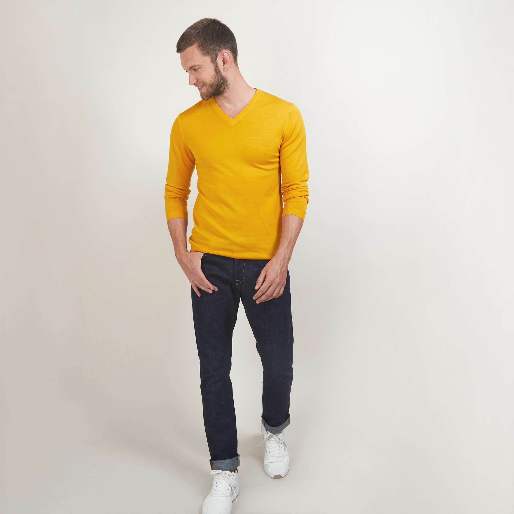 Pull col V en laine - Badyss 7060 safran - 89 Moutarde