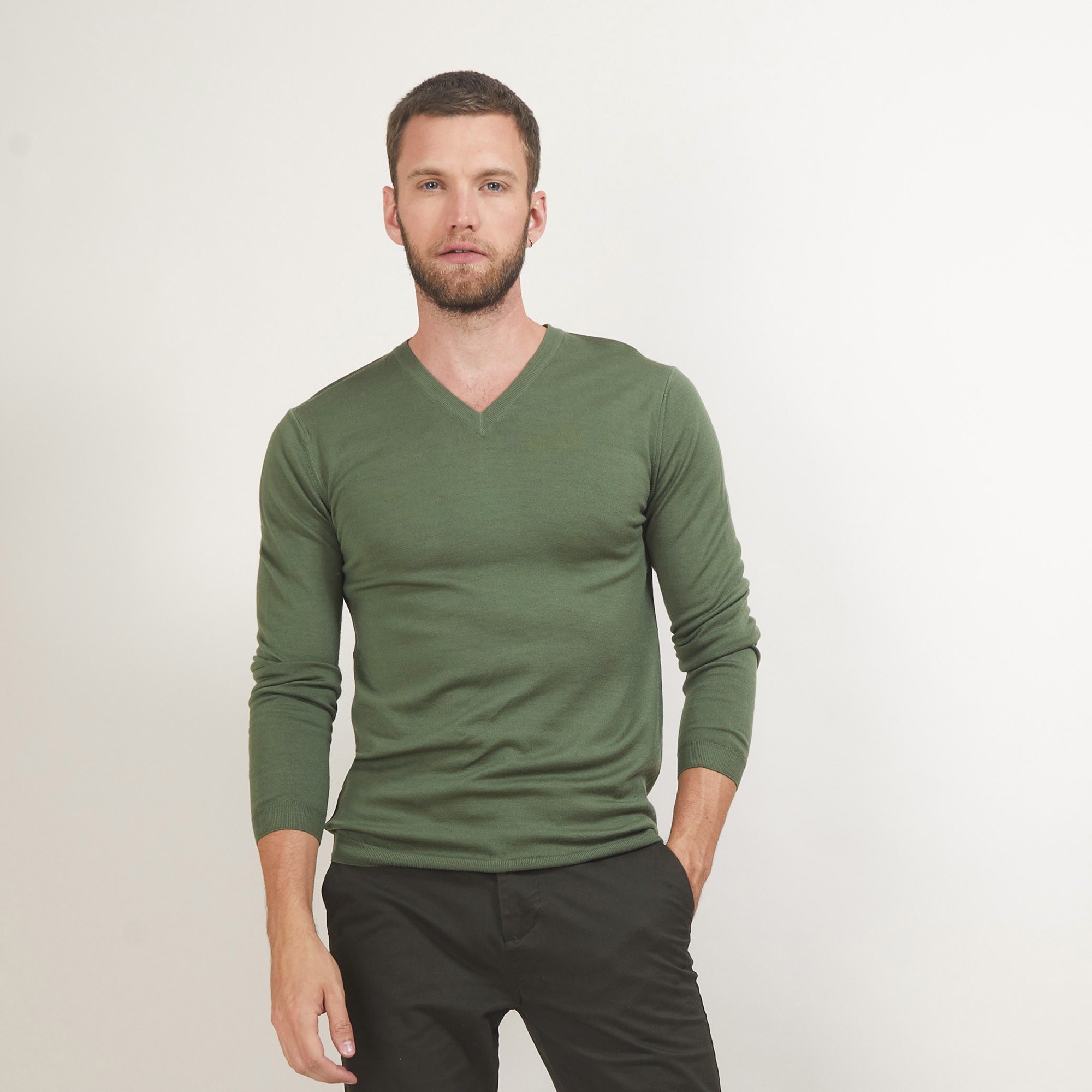 Pull col V en laine - Badyss 7050 bronze - 83 Kaki