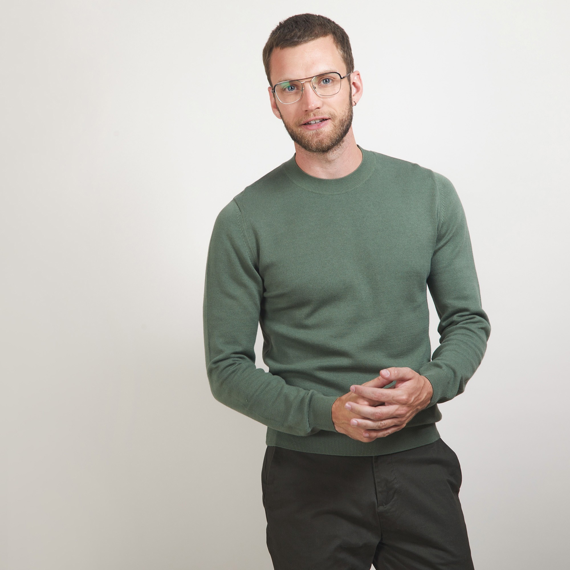 Pull col rond en coton cachemire - Burton 7050 bronze - 83 Kaki