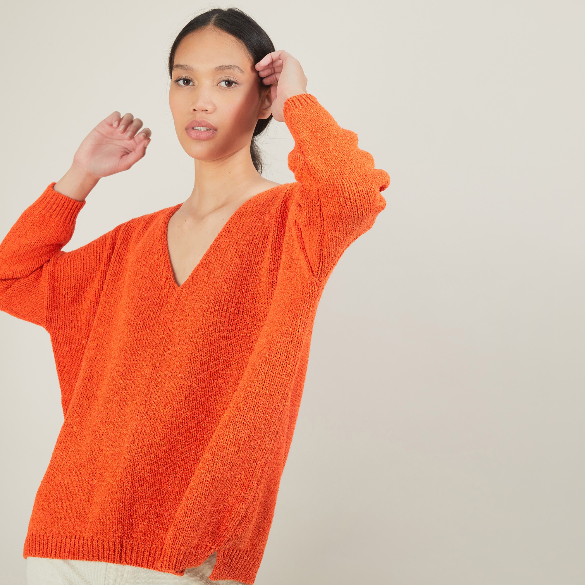 Pull ample col v en laine et soie - Baba 7002 arome - 82 Ecru