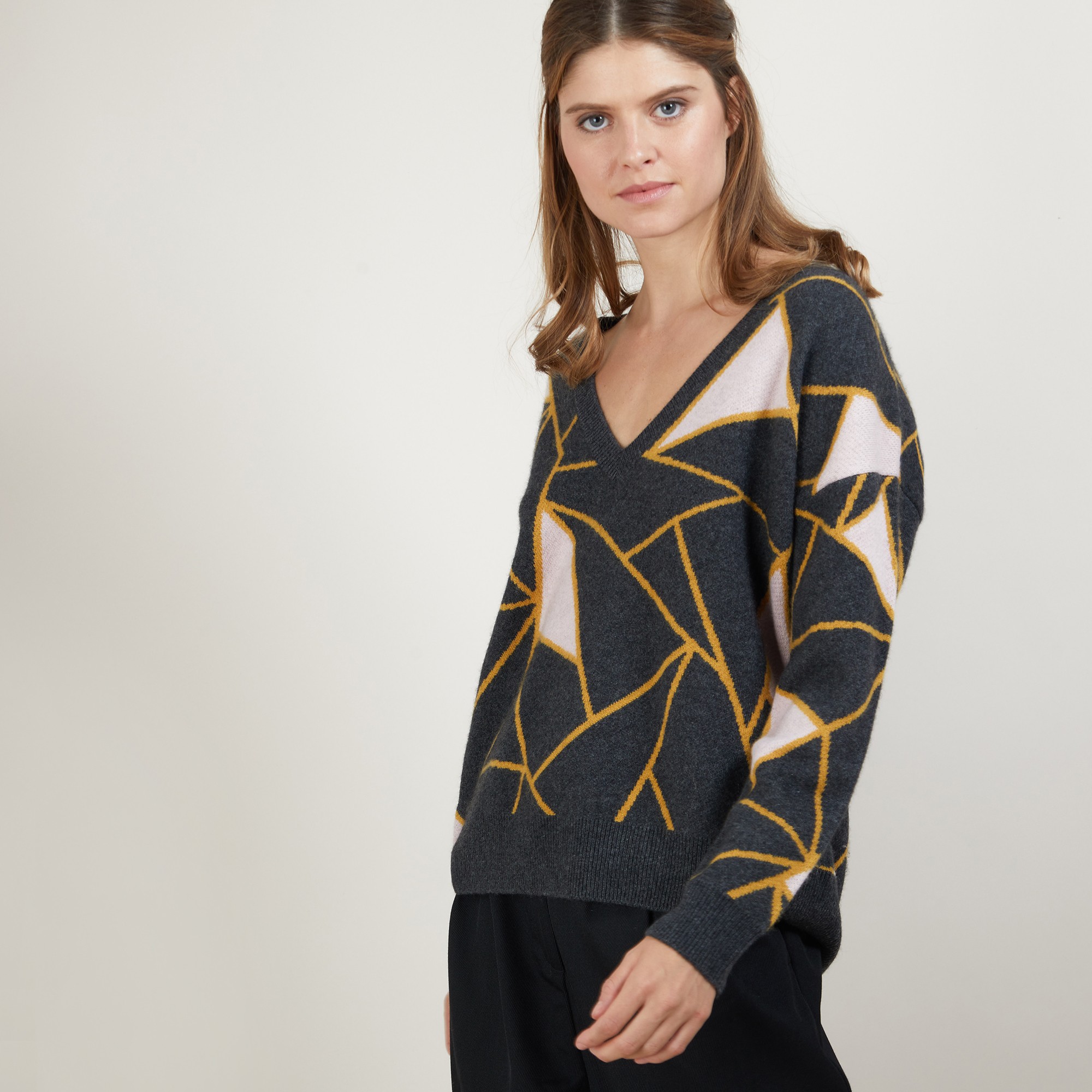 Pull à motifs géométriques en cachemire - Felix - 7103 dune/vapeur/arome - 13 Beige moyen