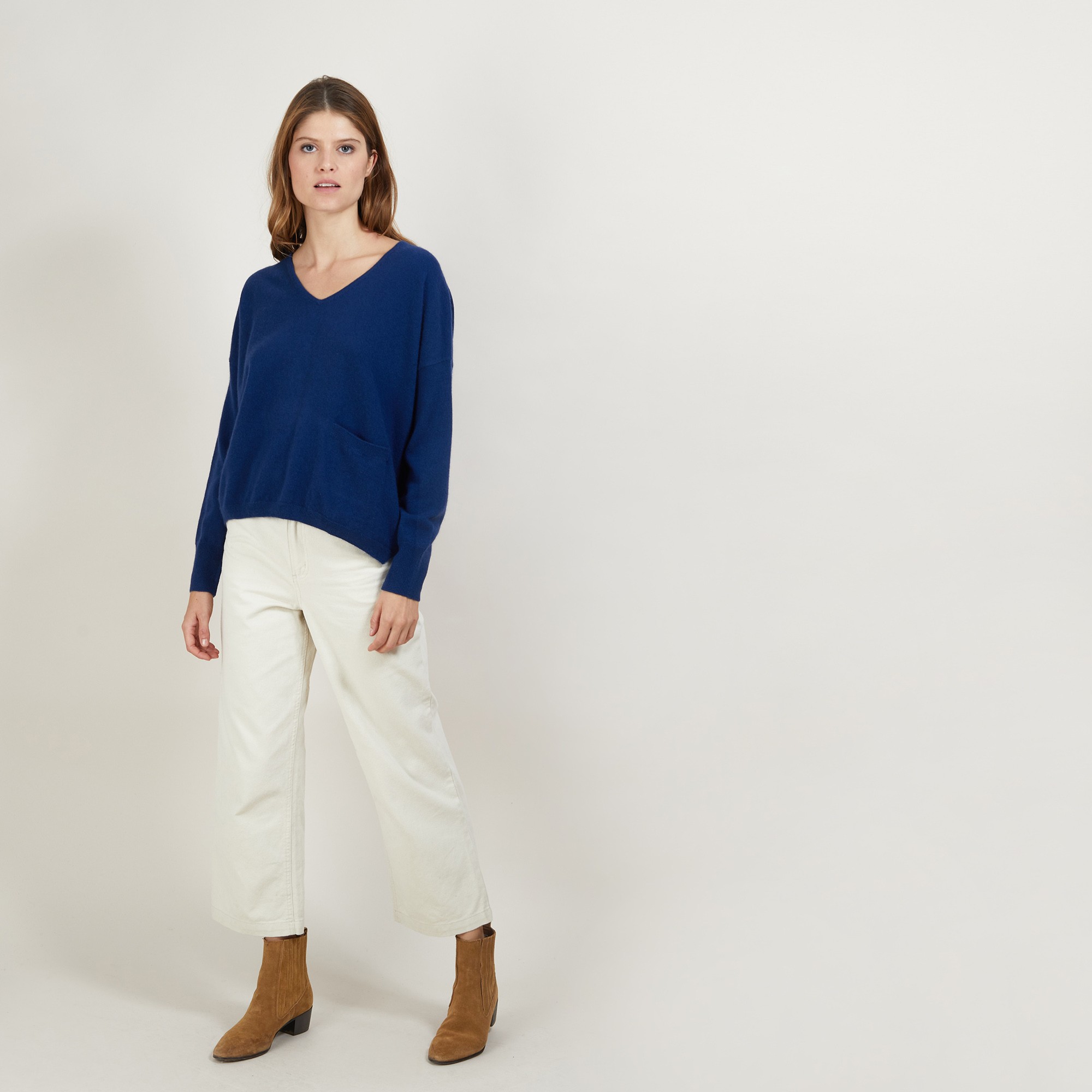 Pull court col V en cachemire - Balba 7042 fregate - 03 Bleu foncé