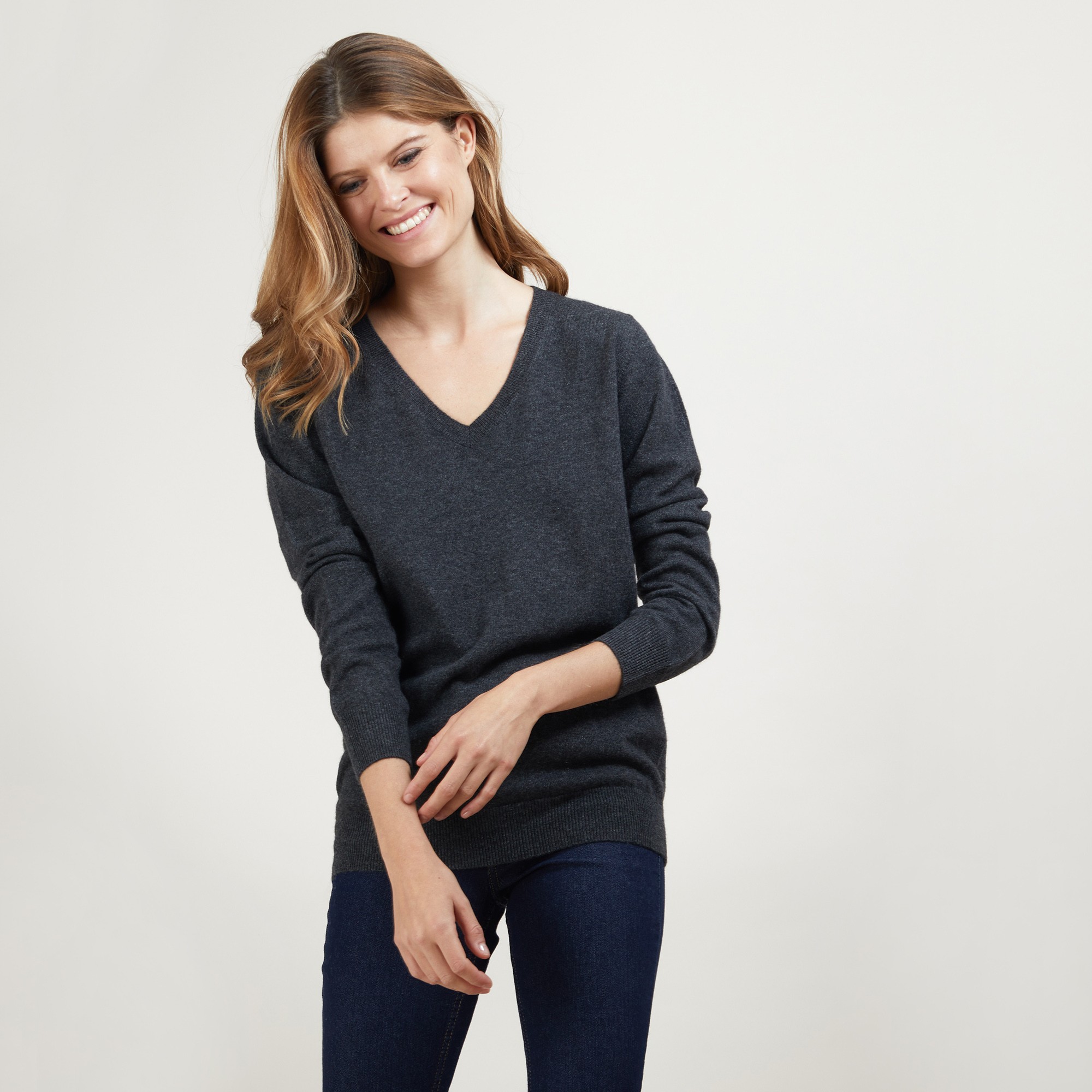 Pull col V en cachemire - Bertille 7011 ombre - 10 Gris foncé
